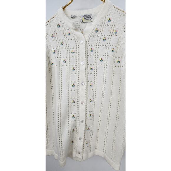 Vintage Dainty Elegant Open Knit White Floral Detail Cardigan Sweater Size Large - Picture 4 of 7